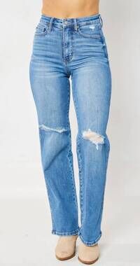 NEW JUDY BLUE high waist tummy control knee destroy straight jeans in medium was